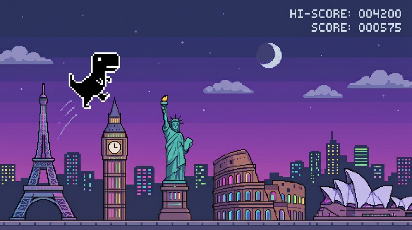 Chrome Dino traveling across global landmarks